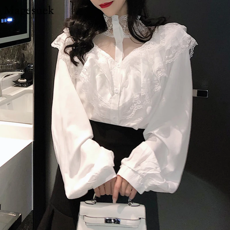 

Женская кружевная блузка с длинным рукавом, Повседневная белая офисная блузка свободного покроя с оборками, модель 2021 на весну, 10783