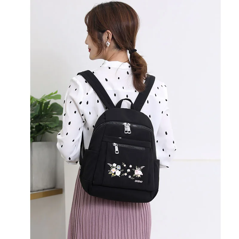 Light Nylon Women Backpack Black Zipper School Bags for Teenage Girls Flower Embroidery Female Rucksack High Capacity | Багаж и сумки