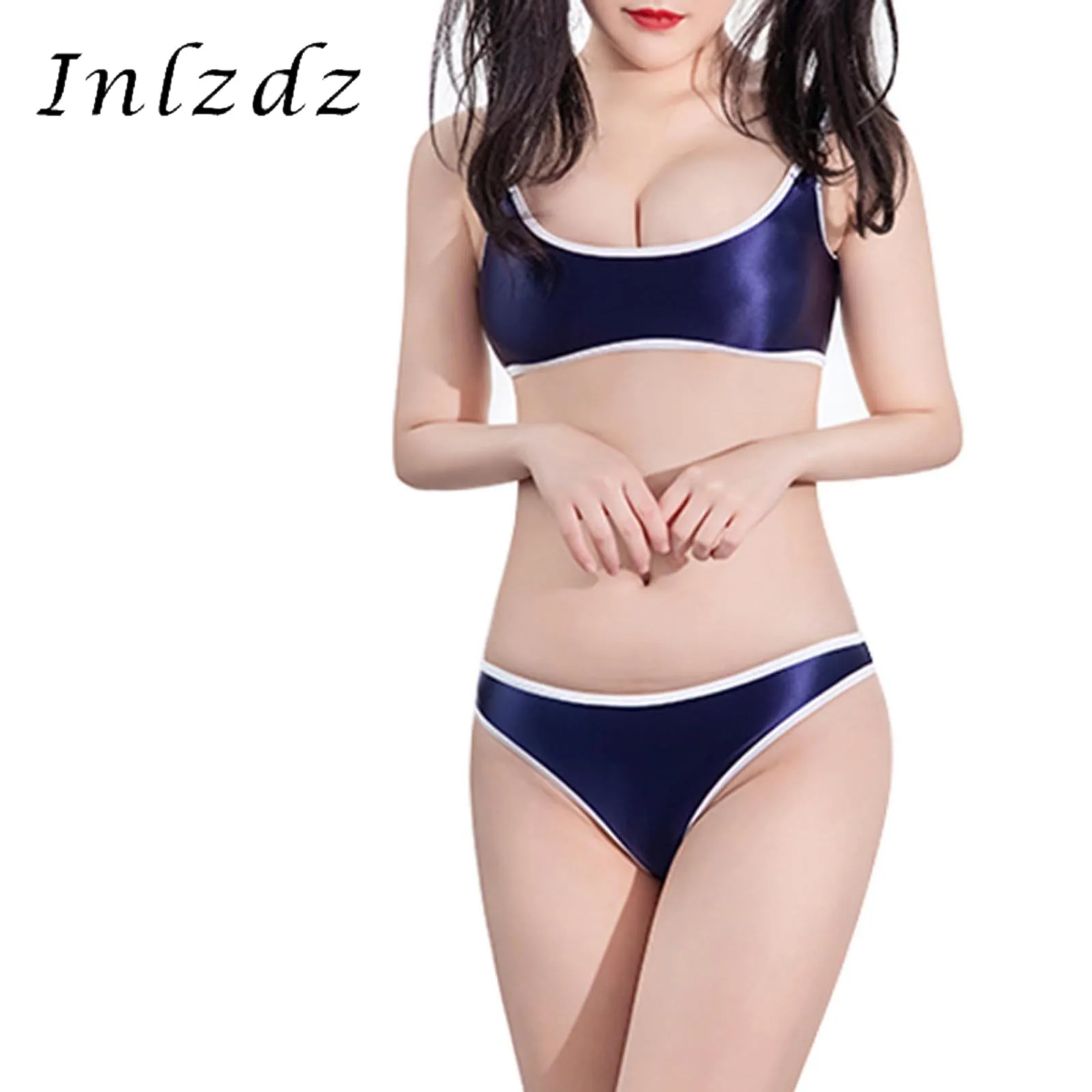 Женское глянцевое сексуальное нижнее белье костюм из двух предметов ночное с