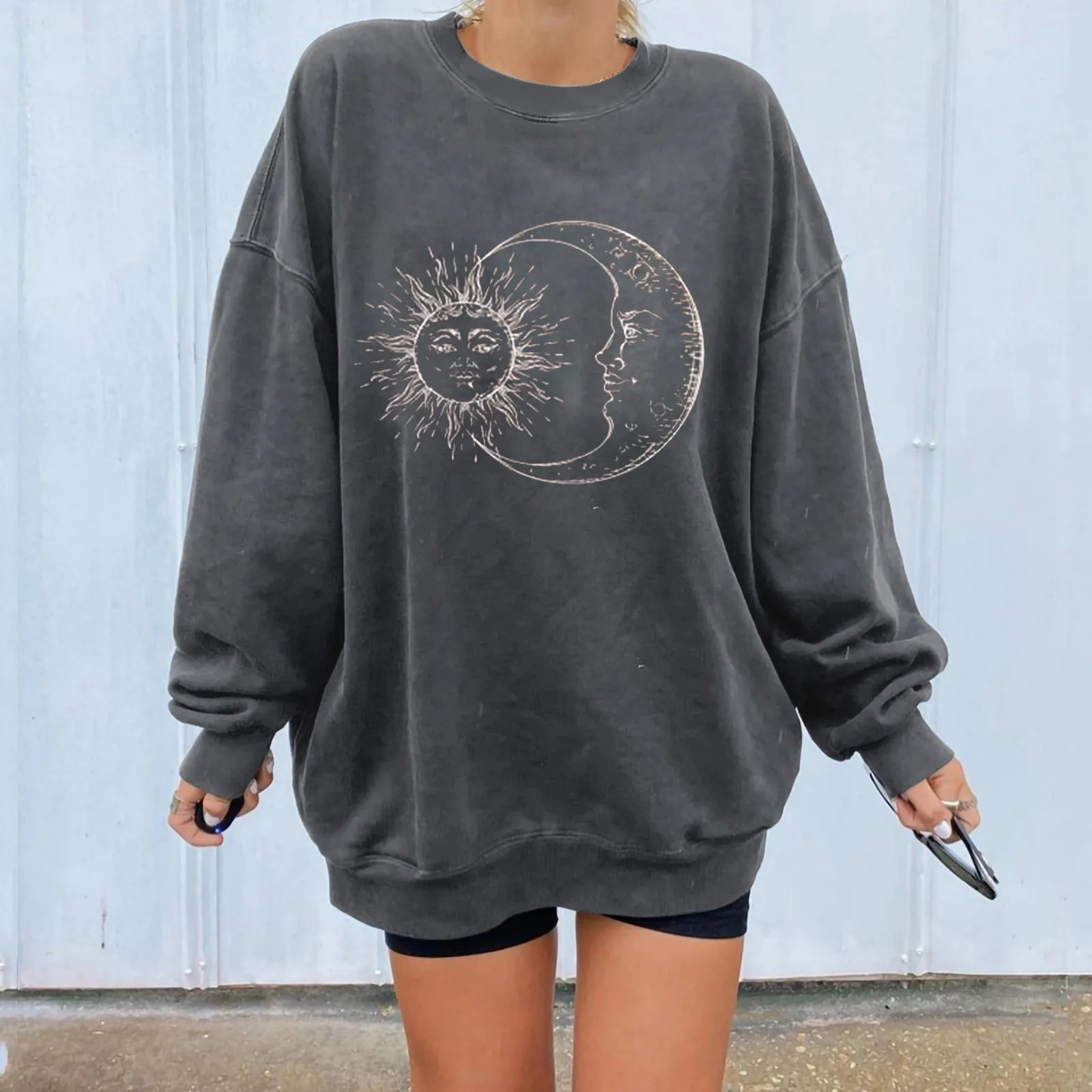 

Sun Print Pullover Woman Hoodies Chic Korean Style Loose Oversize Tops Streetwear Sweatshirt Female Autumn Spring Clothing 2021