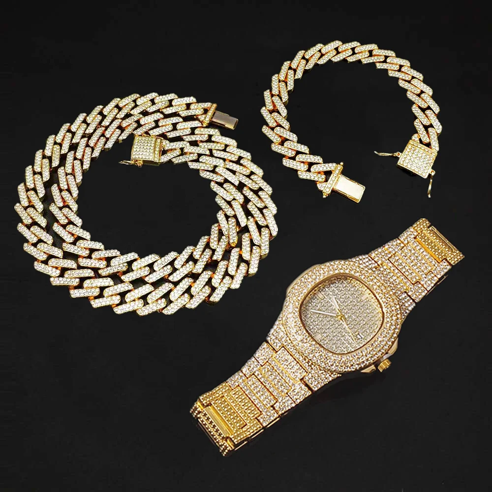 

Necklace Watch Bracelet Bling Iced Out Miami Cuban Link Chain Prong Pave Rhinestone Hip Hop Jewelry for Mens Women Necklace Set