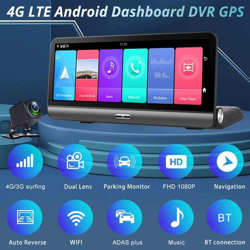 Видеорегистратор Bluavido автомобильный 8 дюймов 4G LTE Android GPS ADAS HD 1080P | Автомобили и