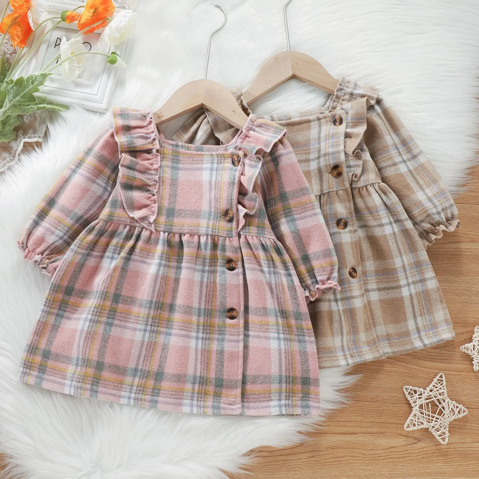 

Autumn Baby Girls Princess Cute Dress Toddlers Sweet Plaid Square-Neck Long Sleeve Button-Open Casual Skirt for Kids 1-3Y