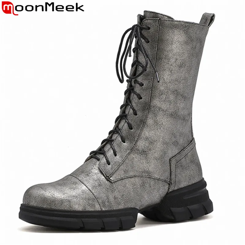 

Женские ботильоны на шнуровке MoonMeek, черные, серебристые удобные ботильоны с круглым носком, зима 2020