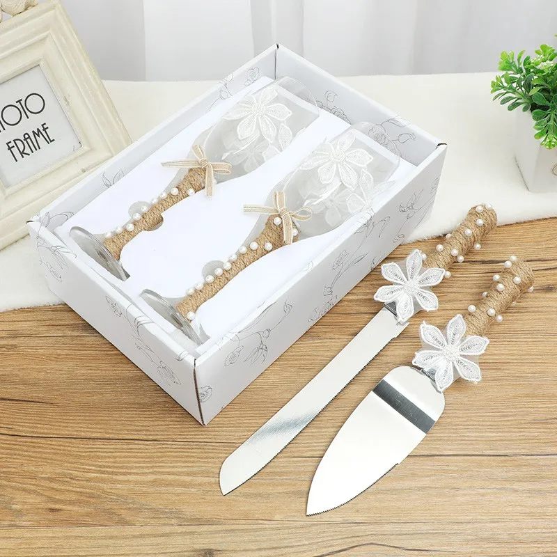 

4-Piece Wedding Supplies Cake Knife Pie Server Set and Wedding Champagne Glasses Toasting Champagne Flutes Bride Groom Gifts