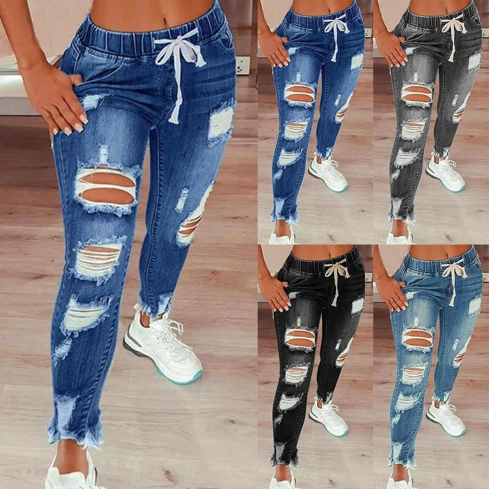 

SHZQ Women Ripped Hole Stretch Jean Summer Drawstring Denim Jeans Ladies Plus Size Full Length High Waist Skinny Pencil Pants