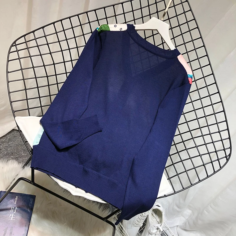 ALPHALMODA Европейский с v-образным вырезом атласный свитер с принтом пэчворк вязаный искусственный однобортный пуловер осенний модный топ с длинными рукавами