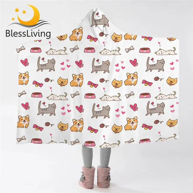 BlessLiving Dog and Cat Hooded Blanket Corgi Sherpa Fleece Blanket Cartoon Decorative Wearable Throw Blanket Animal Bedding 1pc 1