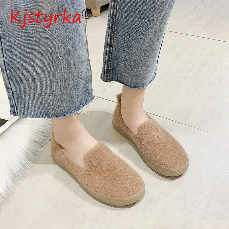 

Soft Warm Rabbit Hair Fur Flats Shoes Women 2020 Winter Hot Fashion Comfy Bottom Round Toe Loafers zapatos de mujer