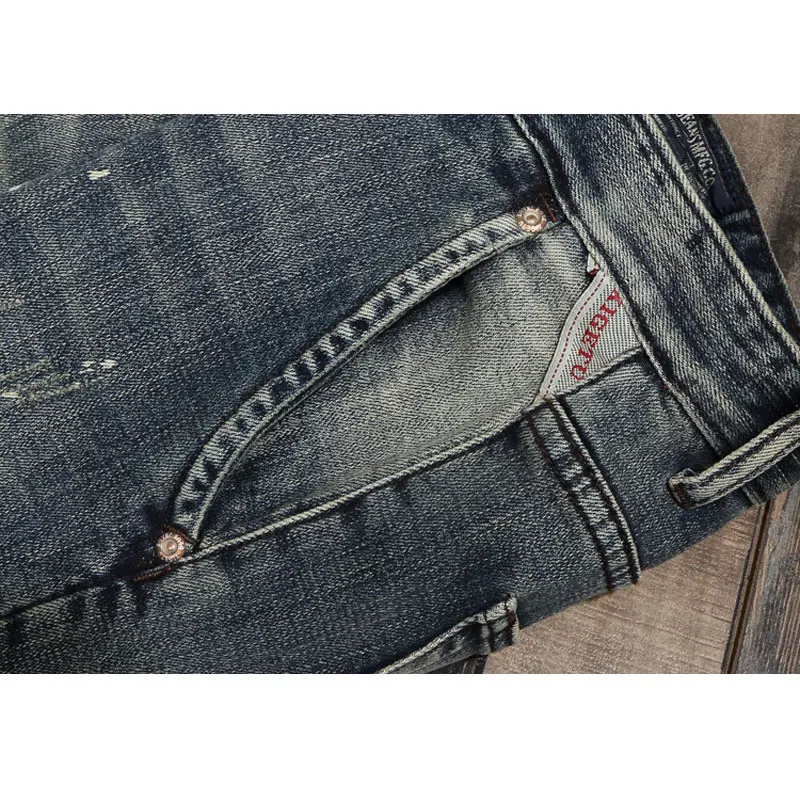 Italian Vintage Fashion Men Jeans High Quality Elastic Cotton Slim Fit Retro Ripped Jeans Men Painted Designer Denim Punk Pants