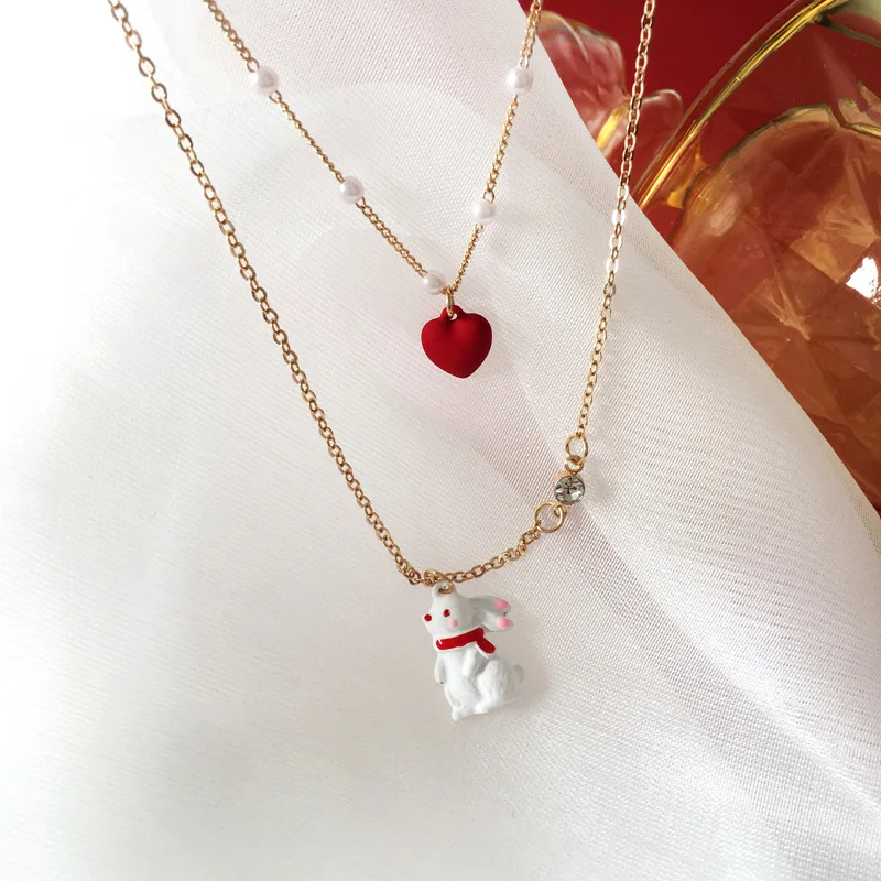 

New Lovely Rabbit Pendant Necklaces Neckchain Pearl Double Clavicle Chain Multi Layer Red Heart Necklace Gold Fashion Jewelry