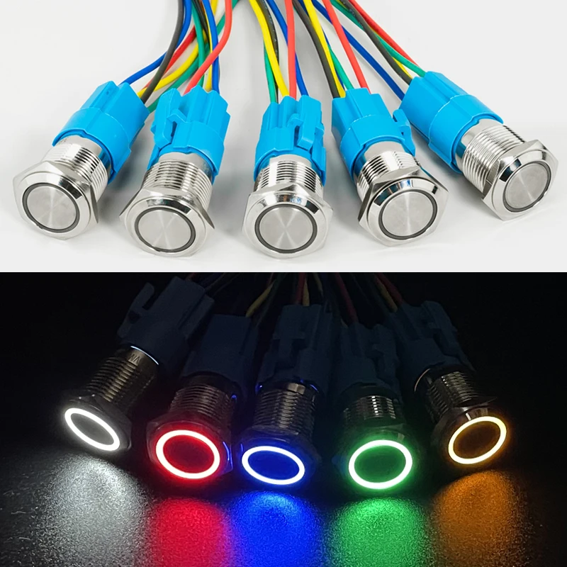 

Wholesale Price 100pcs 16mm Metal Push Button Switch Momentary Latching On Off Ring Lamp Power Symbol Copper Shell 3-6V 12V 220V