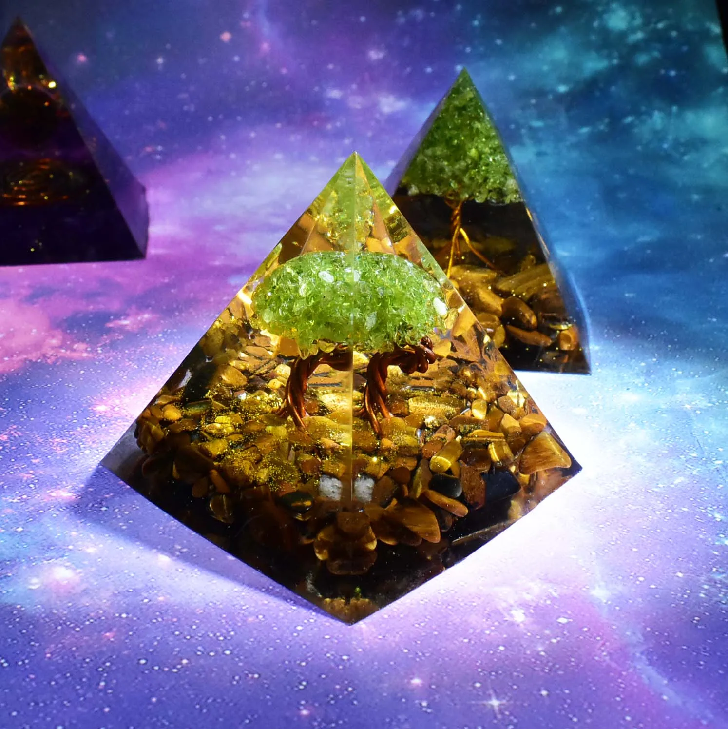 

Handmade Tree of Life Orgone Pyramid 60mm Peridot With Tiger Eye Crystal stone, Orgone Accumulator, EMF Orgonite Energy Chakra