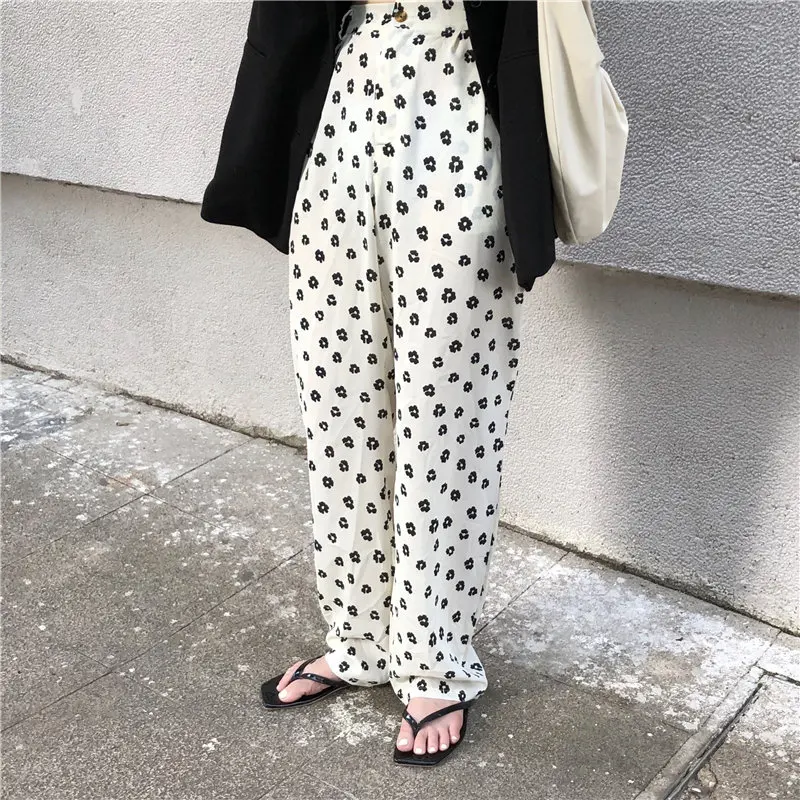 

HziriP Floral Black High Waist Loose Printed Chic 2020 High Waist New Women Slender Slim Hot Casual Straight Wide Leg Pants