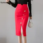 Юбка-карандаш Женская до колен, Офисная элегантная эластичная юбка с завышенной талией, на пуговицах, с разрезом, лето-осень
