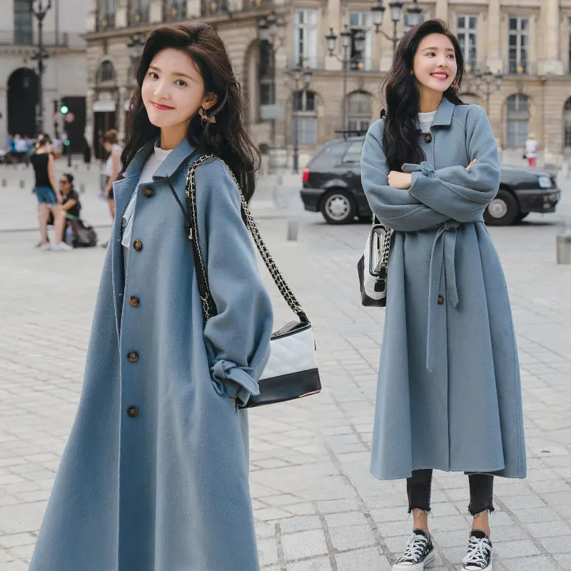 

Woolen Coat Women's Mid-Length over-the-Knee Hepburn Wind Korean Version of Spring and Autumn New Loose-Fit Nizi Coat Trench Coa