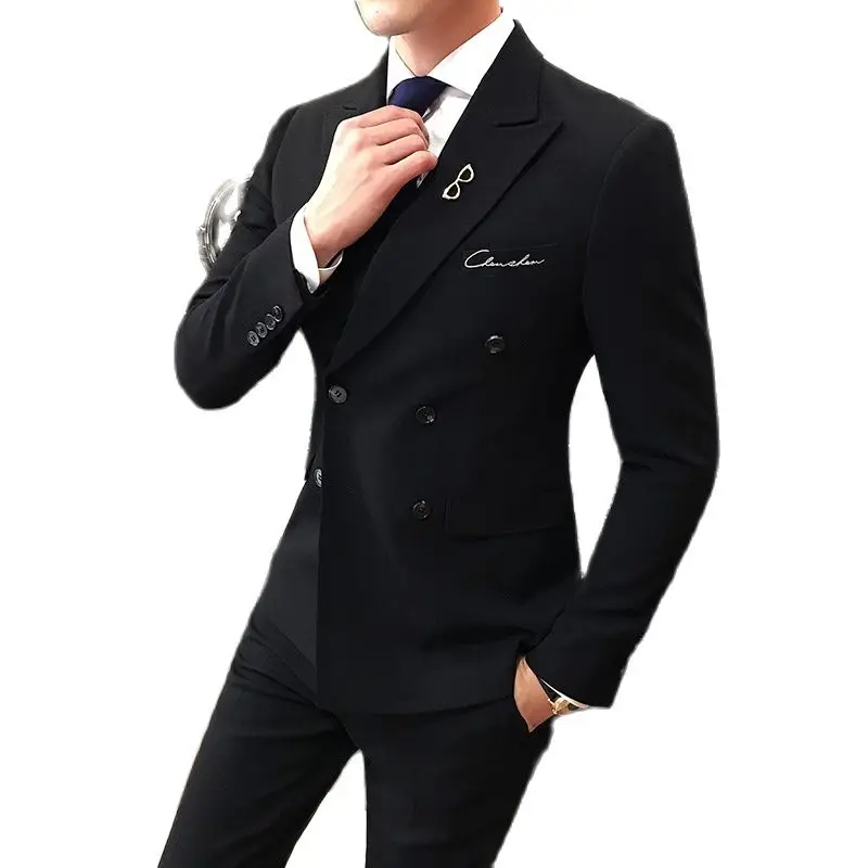 Мужской двубортный комплект из 3 предметов (пиджак + брюки жилет) с вышивкой