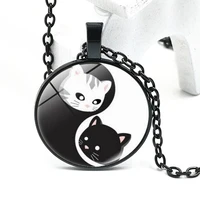 2020 new black and white yin and yang cat 3 color retro necklace jewelry glass convex round cartoon pendant jewelry cute gift