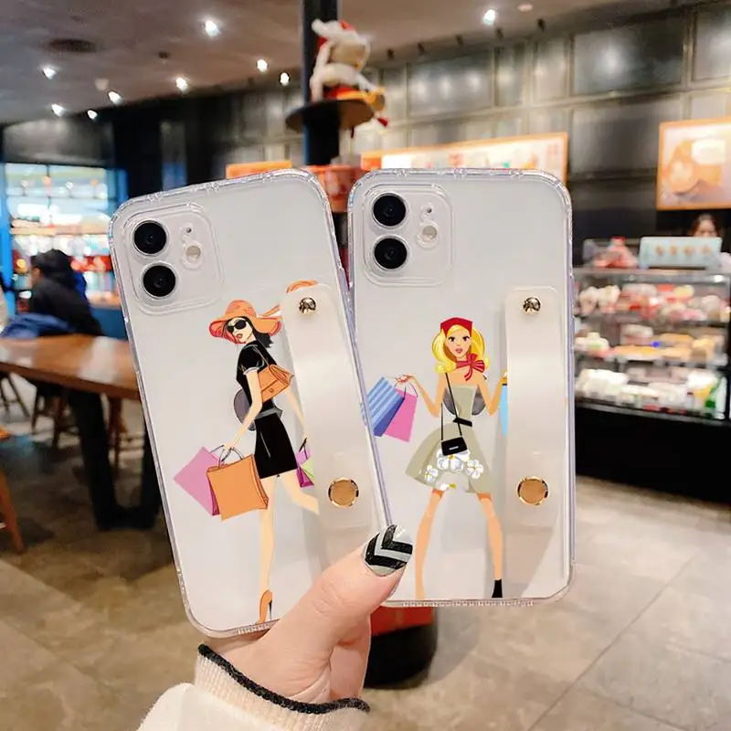 

Love Dress Shopping Girl Phone Case Wrist Strap For iPhone 7 8 11 12 X XS XR MINI Pro Max Plus Hand Band Transparent Clear