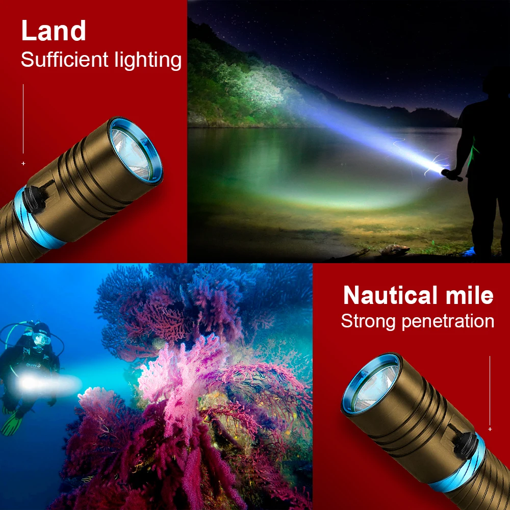 

Professional XM L2 Diving Flashlight 18650 Dive 100m Torch light Powerful Rechargeable LED Flash light Hunting Lantern Work Lamp