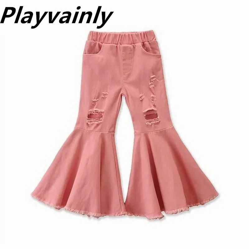 Оптовая продажа джинсы для девочек детские брюки модные расклешенные с дырками и