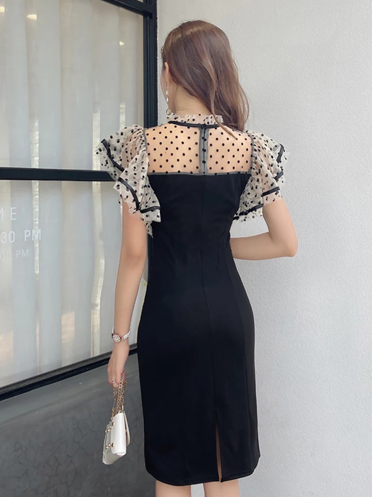 

2020 summer new fashion Korean version of wild mesh splicing wave dot French dress women
