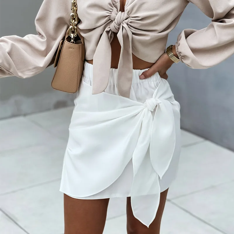

Sexy Tie-up Bowknot Office Lady Skirts Women Fashion Casual Elastic Waist Mini Skirt New Summer Elegant Solid Slim Bodycon Skirt