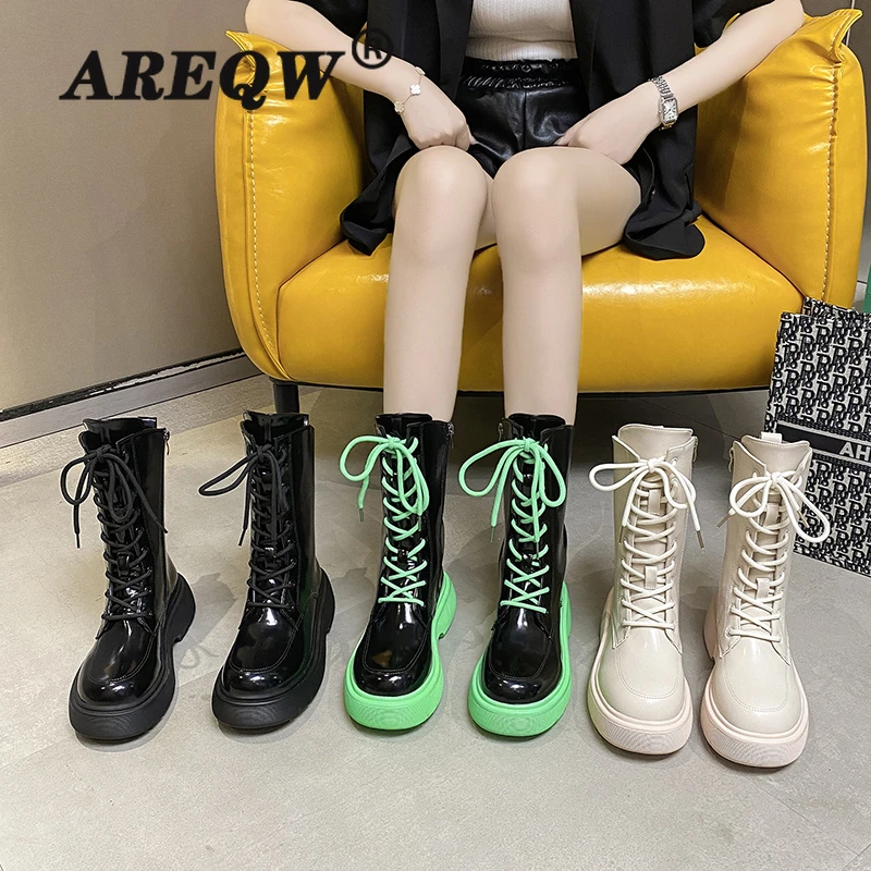 

Chunky Platform Pu Leather High Boots Women Punk Increasing Long Woman Lace Up Booties Mujer 2021 Zip Chelsea