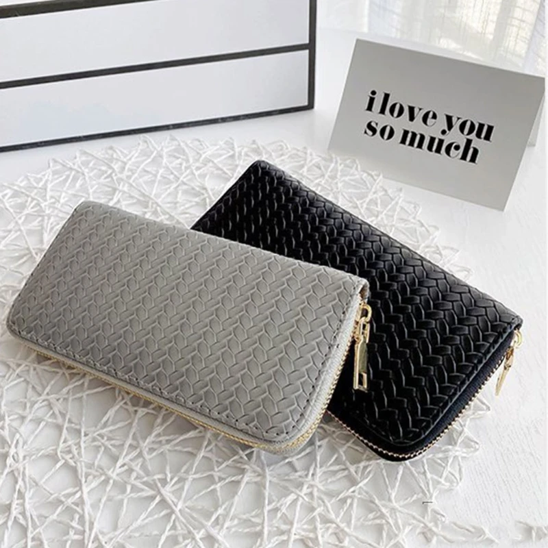 

Weave Faux Leather Long Wallet Purse Zip Around Clutch Bag Phone Card Holder