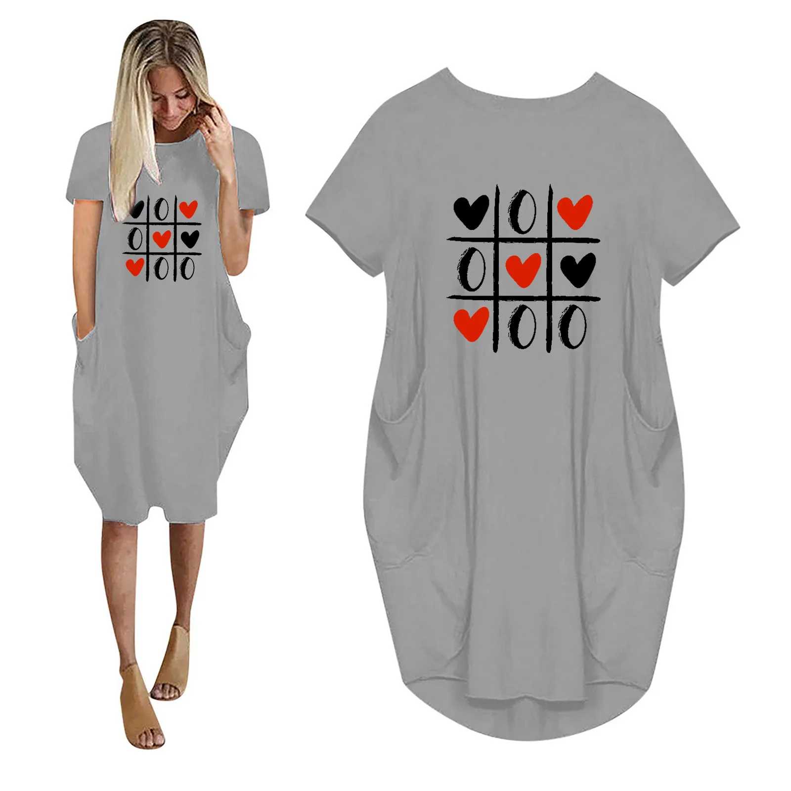 

Fashion Women's Summer Nightdress Love Printing Casual Ladies Sleepwear Pocket Short Sleeve Round Neck Plus Size Home Dress