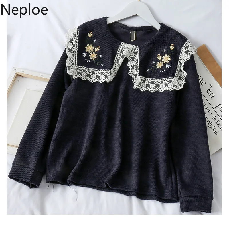 Neploe ретро-кукла воротник кружево лоскутное вышивка цветок вязаный свитер
