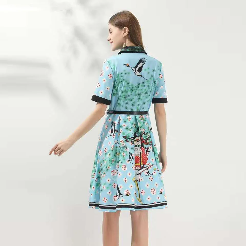 

Summer new Hong Kong style women's lapel short sleeve single-breasted shirt belt waist refreshing printed dress