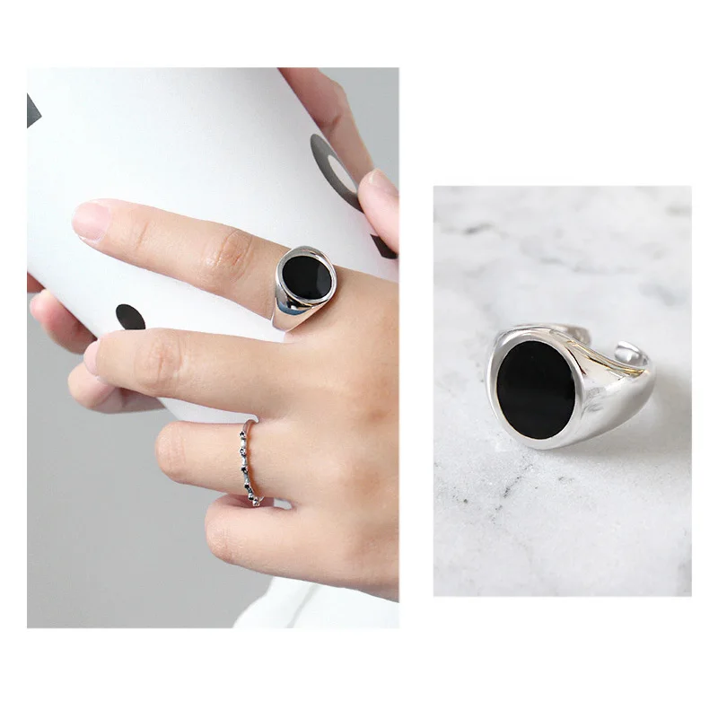 Гарантированное 925 пробы серебряные минимализм кольца для женщин с черным гелем