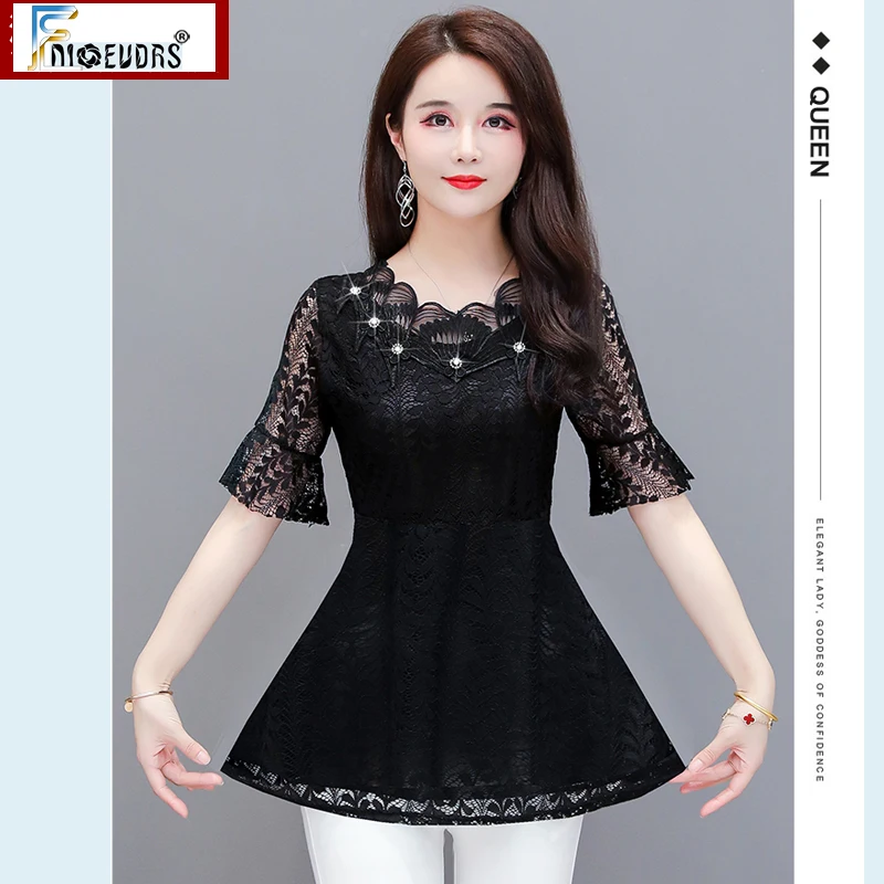 2020 Cute Black Lace Peplum Tops Hot Sales Women Office Lady European Fnioevdrs Sheer Hollow Out Lace Beaded Blouse Tunic m108