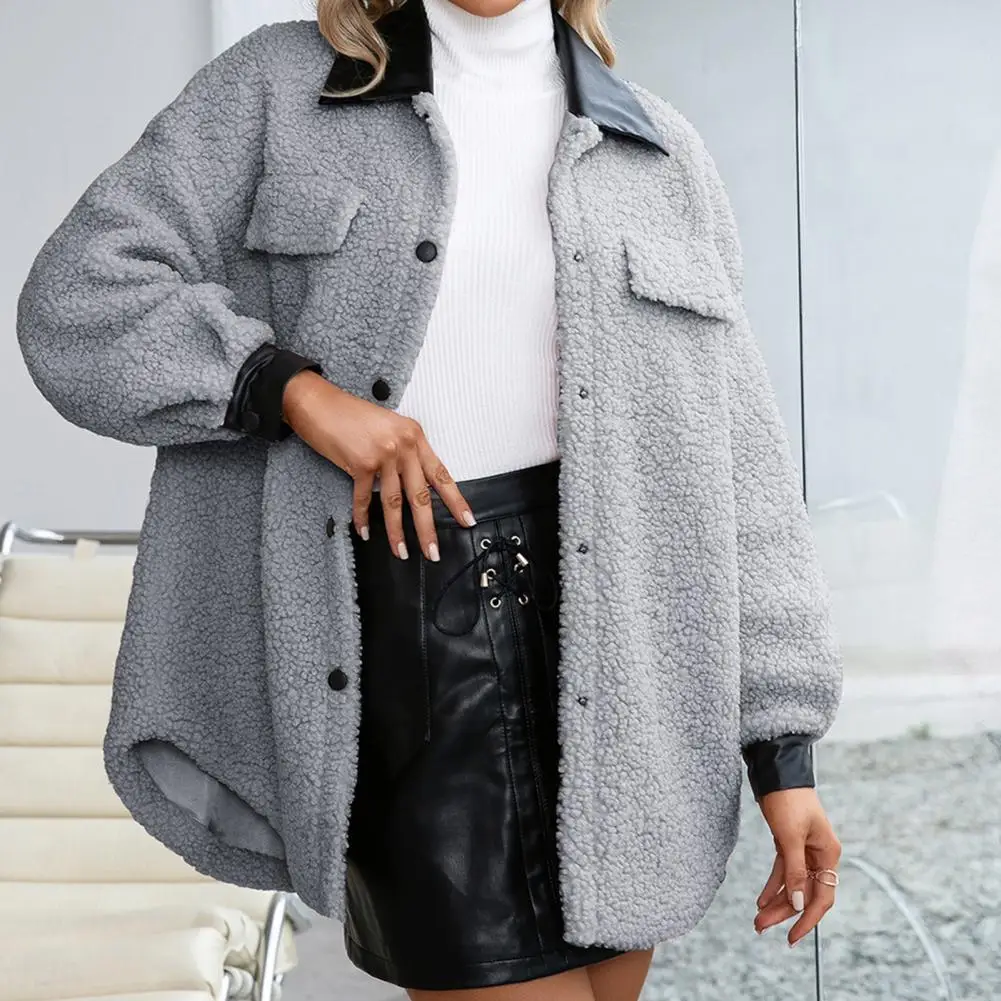 

Stylish Fluffy Jackets Women Coat Solid Color Plush Autumn Winter Lapel Single Breasted Warm Overcoat for Daily Wear
