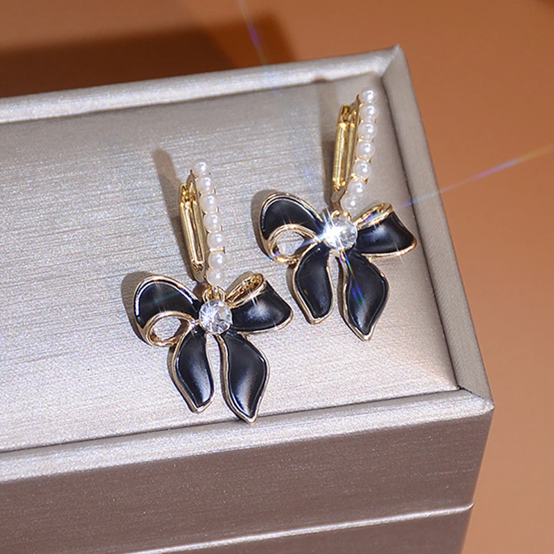 

Noble Temperament Bowknot Women Earring Luxury 14K Real Gold CZ Pearl Drop Earrings Daily Pendant Jewelry Brincos Bijoux Gift