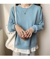 han autumn and winter round neck loose solid color fake two piece sweater thin section long sleeved top women