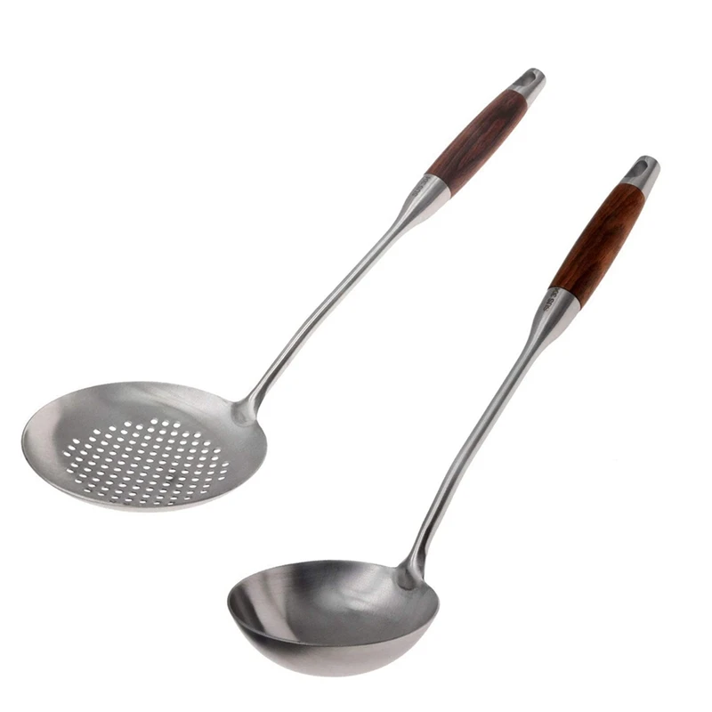 

2PCS Skimmer Slotted Spoon,304 Stainless Steel Slotted Spoon With Long Soup Ladle, Large Kitchen Soup Spoon
