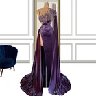 Женское вечернее бархатное платье на одно плечо, фиолетовое длинное платье с аппликацией и бисером для особых случаев