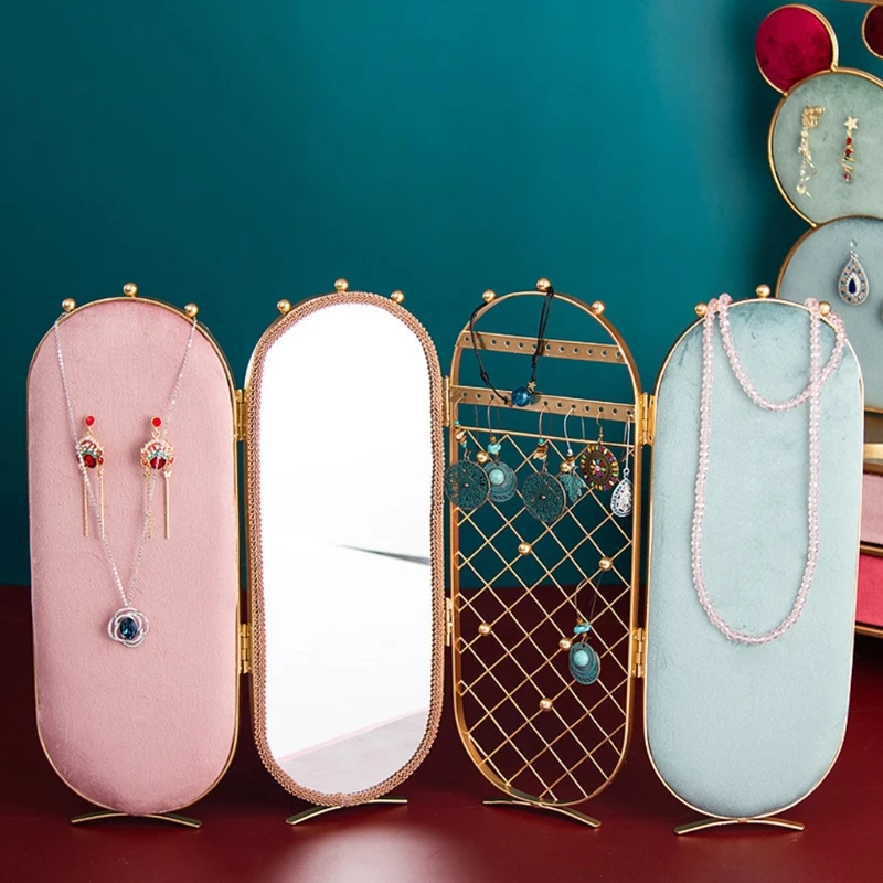 

Foldable Flannel Metal Jewelry Storage Box Earrings Display Stand Ring Holder T84A