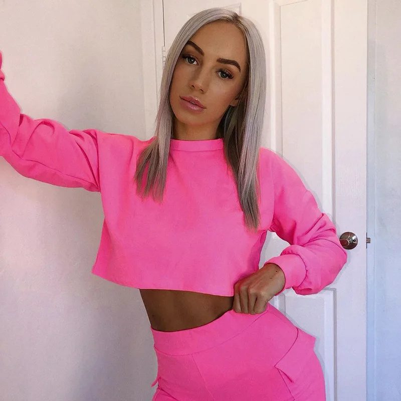 

Autumn Women Sweatshirt Casual Fashion Neon Long Sleeve Crop Tops Workout Basic Slim 2019 Hoodies Sale
