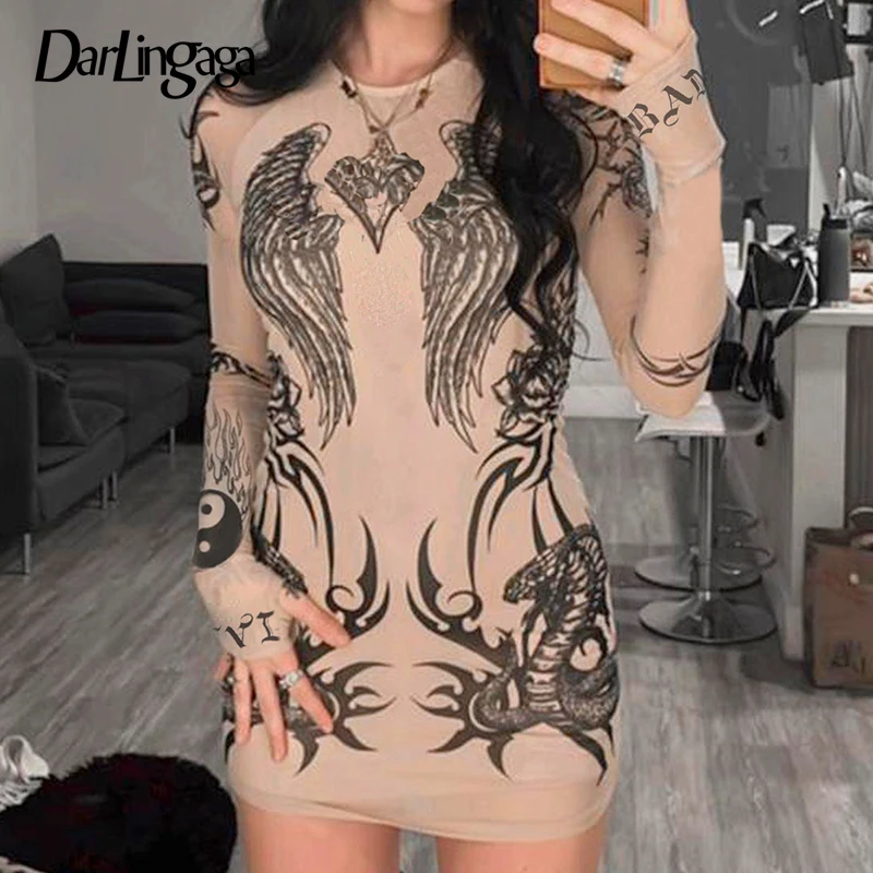 

Darlingaga Vintage Fairycore Grunge Wings Printed Bodycon Sexy Dress Graphic Club Party Female Dress Mini Aesthetic Gothic Dark
