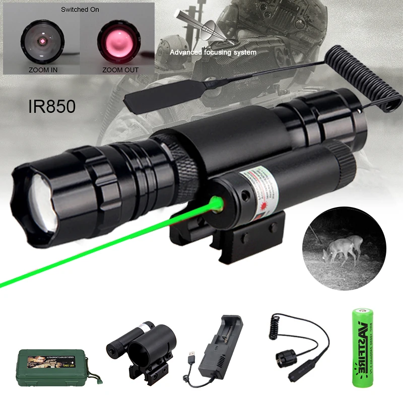 Zumlanabilir IR850nm tüfek kapsam ışık kızılötesi radyasyon gece görüş avcılık el feneri + yeşil lazer nokta Sight + anahtarı + 18650 + şarj cihazı