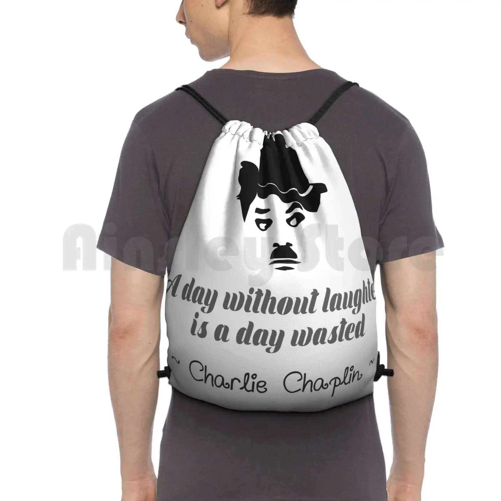 

A Day Without Laughter Backpack Drawstring Bag Riding Climbing Gym Bag Chaplin Actor Silent Movies Quotes Comedy Comedian