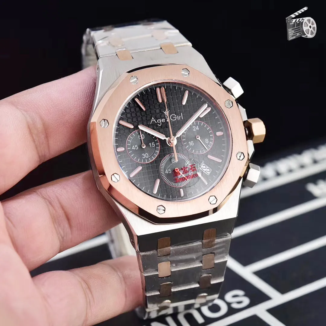 Silver Gold Black Роскошный бренд, хронограф для мужчин, секундомер, серебро, розовое золото, черный, нержавеющая сталь 904L, сапфировое стекло, спортивные часы 45 мм AAA - Цвет: Silver Gold Black