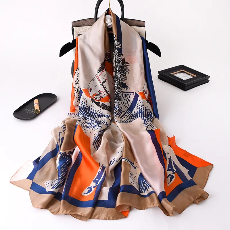 

2021 New Spring Silk Scarves for Women Summer Sunscreen Beach Towel Pashmina Shawls Female Foulard Scarf Designer Print Bandana