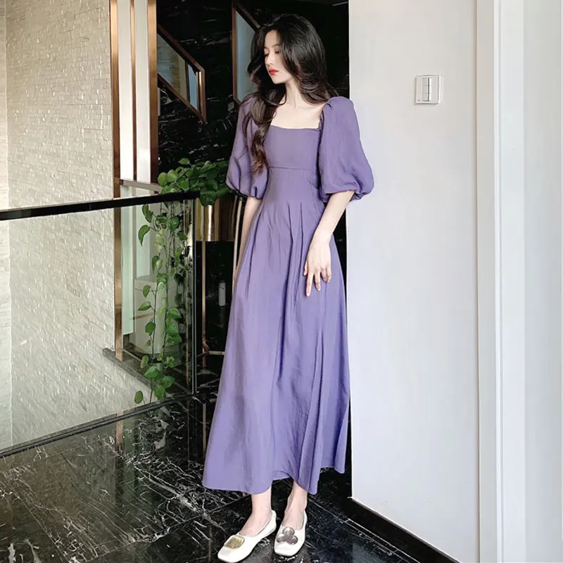 

Large size French retro square collar bubble sleeve dress female summer slim vestido de mujer french dress women