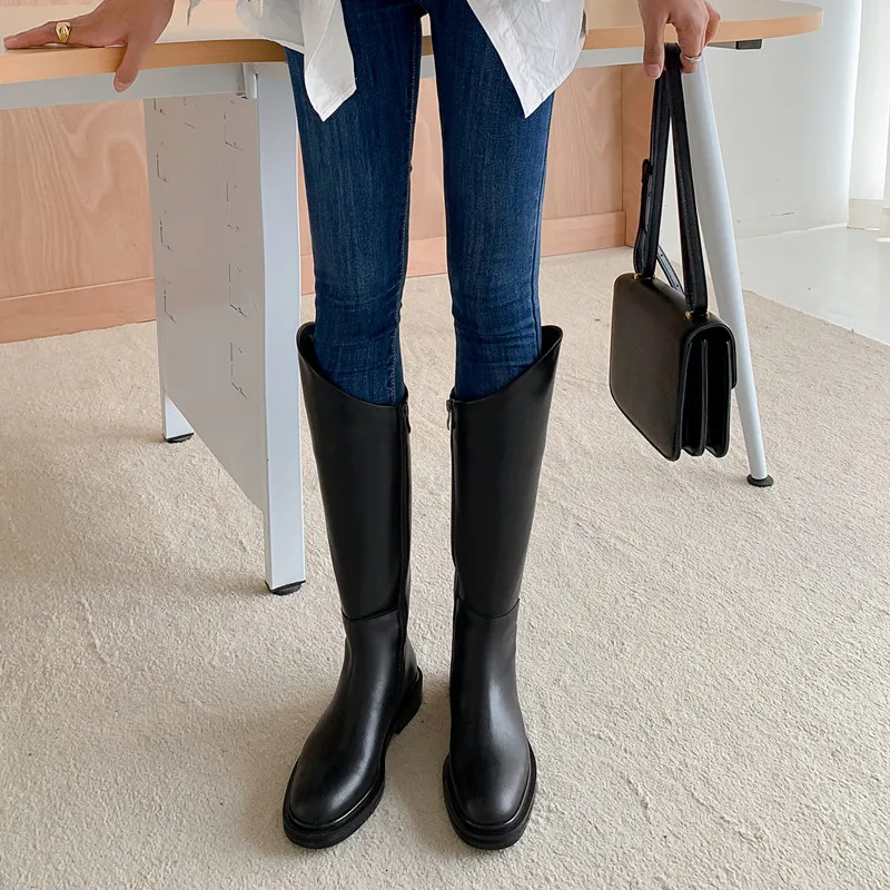 

MKKHOU модные сапоги до колена, женские новые простые сапоги из натуральной кожи, женские универсальные рыцарские сапоги