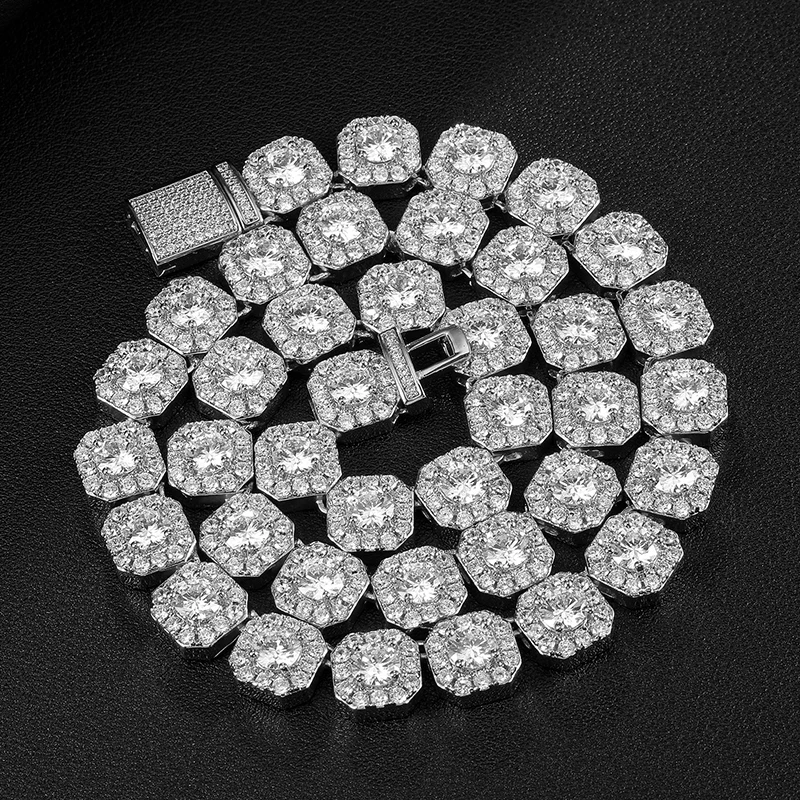 

D&Z 10MM Clustered Stones Tennis Chain In White Gold Prong AAA CZ Stone Cubic Zircon Box Clasp Chokers Necklaces For Men Jewelry