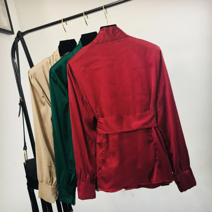 

2020 Spring and Autumn Women's Crepe Satin Shirt Solid Color V Collar Ladies Loose Belt Waist Long SleeveBlouse Elegant Tops